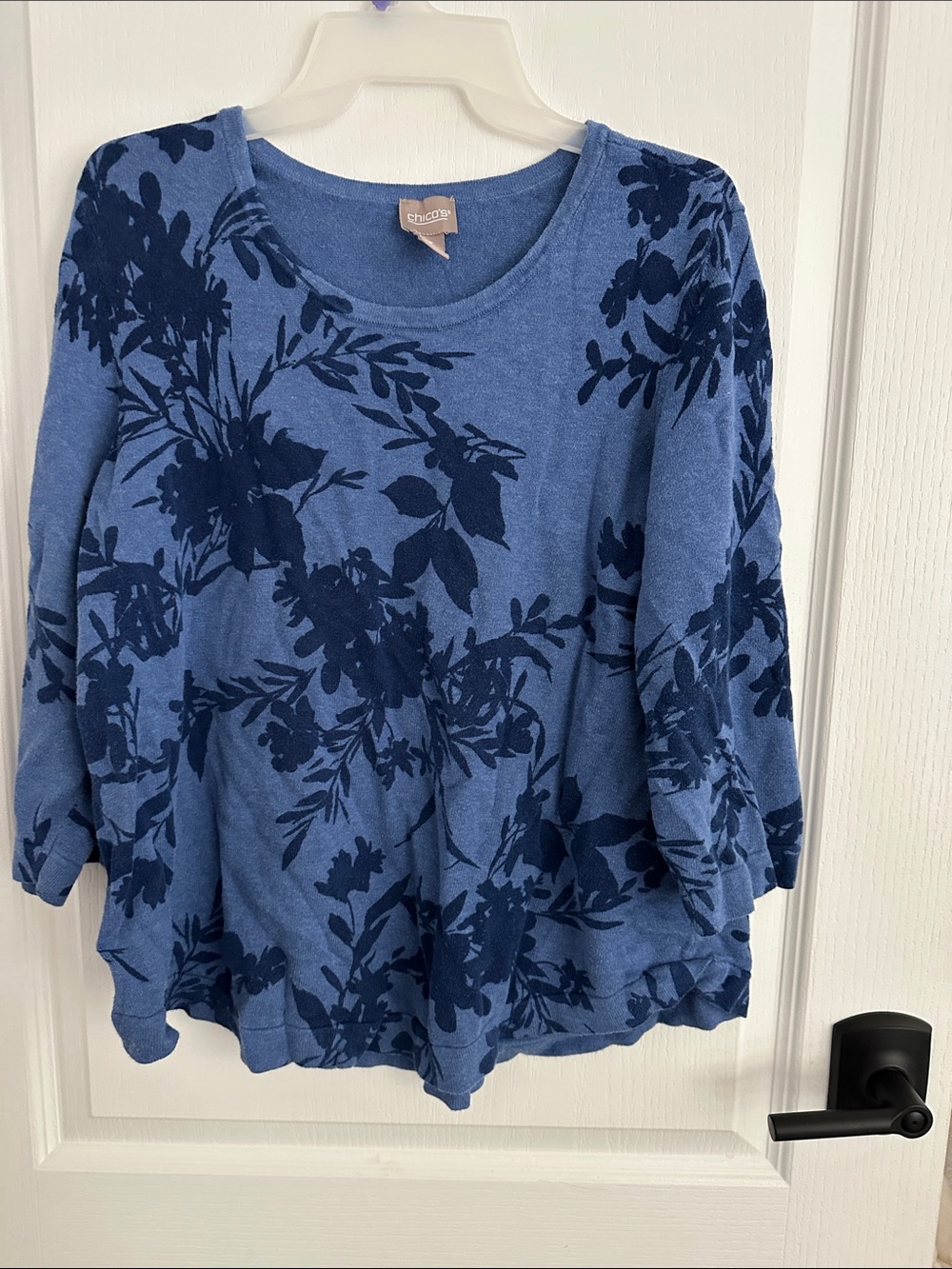 Chico's Two-Tone Blue Floral Scoop-Neck Pullover